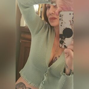 FOR LOVE & LEMONS NINA SAGE GREEN RIBBED KNIT BUTTON FRONT CARDIGAN, M